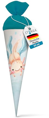 itenga Cornet d'école pour frères et sœurs - 35 cm - Avec fermeture en feutre - Petit sac d'emballage cadeau - Rentrée scolaire (motif axolotl)