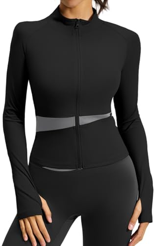 ATRACTIVOLL Veste de Sport Femme Manches Longues Haut de Fitness Slim Fit Respirante Veste de Yoga Fermeture Éclair Intégrale avec Trous pour les Pouces Fitness Entraîne Top Gym Jogging