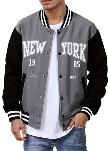 Celanisai Giacca da baseball da uomo college Sweat Jakce con ricamo New York, giacca bomber da uomo, slim fit, giacca da pilota, casual, alla moda, stile retrò, streetwear, O grigio scuro, XL