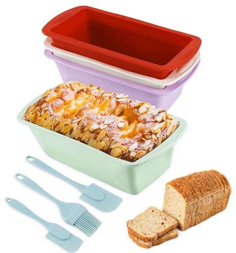 Toivize 4 Stück Silikon Backform, Antihaftende Kastenform Kuchen Silikon für Kuchen und Brote, mit 3 Stück Silikagel Spatel Set, Kastenform Kuche für Backofen und Luftfritteuse(19,5x9,5x5,5cm)