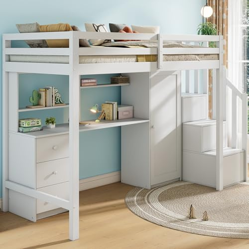 A ALFRESCOOL Cama alta 90 x 200 cm, cama alta para niños, litera con escritorio y armario, escalera, cuna equipada con cajones y armario de escaleras, sin colchón (blanco)