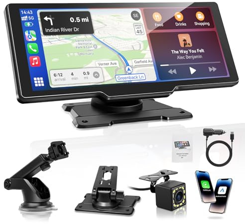 Carpeer 10.26 Wireless Apple CarPlay Screen with Android Auto, Portable Carplay with Reversing Camera, GPS Navigation, Bluetooth, Siri & Google Assistant, OTA Updates, FM/AUX