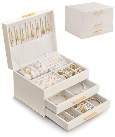 Lolalet Caja para Joyas de 3 Capas, Estuche Joyero Organizador para Joyería Collares Anillos Aretes Pulseras Relojes Regalo Ideal para Mujer - Blanco