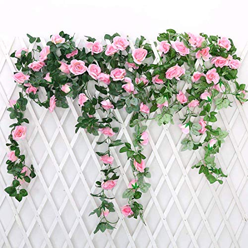 JUSTOYOU 2 Pack 7.2ft Künstliche Fake Rose Girlande Reben Hängende Seide Blumen für Outdoor Indoor Hochzeit Wand Badroom Dekoration (Rosa)
