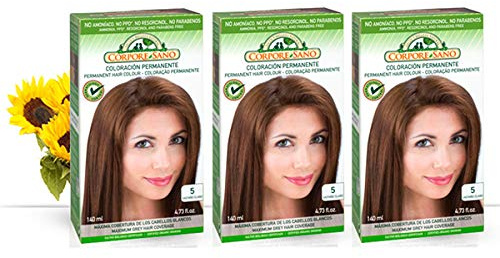 Corpore Sano Pack x3 Unidades Tinte Castaño Claro 5 Permanente 140ml - Tinte de coloración sin amoníaco, resorcinol ni parabenos. Los champús naturales de Henna poténcia la durabilidad del color