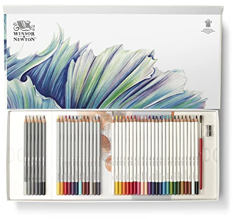 Winsor & Newton 2090001 45-delat presentset för skissning, illustration, teckning för konstnärer med 6 grafitpennor, 12 färgpennor, 24 akvarellpennor, 1 blandat mediablock, 1 borste och 1 pennvässare