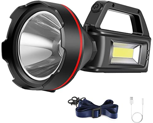 Linterna recargable, foco de mano de alto lúmenes, luz de búsqueda LED con correa para el hombro y salida USB para durante huracán, emergencia, tormentas, apagones, caza, senderismo, campamento