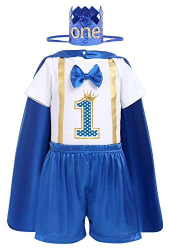 IMEKIS Traje de fiesta de primer cumpleaños para bebé, pajarita de manga corta, pelele para hombre+pantalones cortos+capa de príncipe+diadema de corona, juego de ropa formal de 4 piezas para
