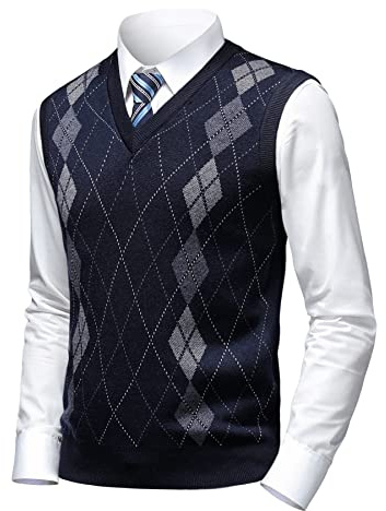 Herothorn Gilet in Maglia da Uomo Argyle Classica con Scollo a V Maglieria Senza Maniche Pullover Maglione Smanicato Canotte Maglioncino Autunno Inverno