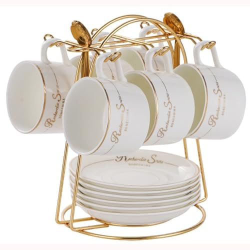 HSTWODE – cappuccino koppset koppar och fat med 6 (150 ml), lyxigt tekoppsset med guldkant, kaffekopp med handtag, brittiska kungliga porslinskoppar (vit)