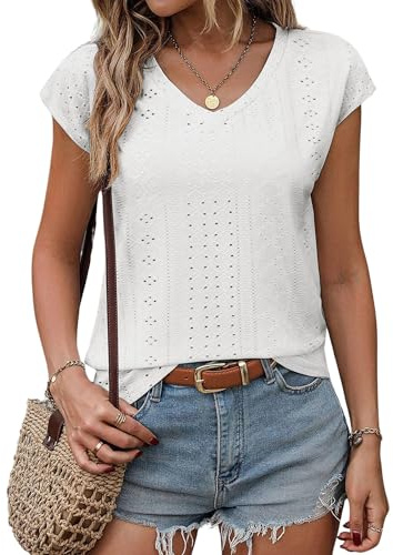Zeagoo Mujeres T-Shirt Blanco Manga Corta Cuello en V Blusa Camisa Verano Ligero Bordado Perforado Tank Top Blanco M