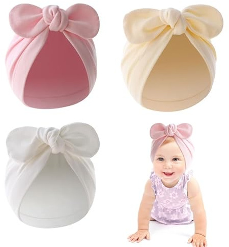 FUIPVGI 3 Pièces Bonnet Bebe, Coton Bébé Turban Bonnets de Naissance Mignon Chapeaux Nœuds Papillons Enfant Casquettes Bonnets Bébé Fille Garçon pour 0-24 Mois (Blanc, Beige, Rose)