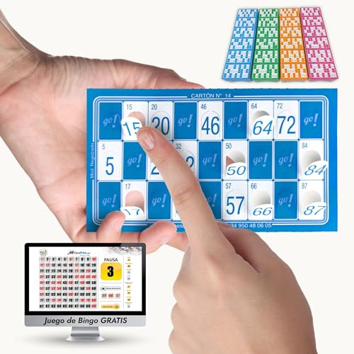 BINGO ESCOPRINT - 960 Cartones Bingo Troquelados Reutilizables | Juego de Bingo para PC de Regalo | Juego de Mesa | 90 Bolas | Adultos, Familias y Asociaciones | Azul