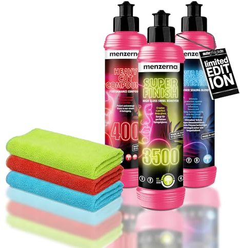 Auto Politur & Versiegelung Set | Menzerna Heavy Cut Compound 400 gegen Kratzer + Super Finish 3500 Hochglanzpolitur + Power Lock Ultimate Protection + 3x Poliertuch 40x40cm | Autopolitur