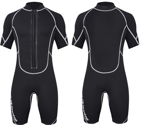 Owntop Combinaison shorty en néoprène 3/2 mm pour homme, fermeture éclair à l'avant, pour la plongée, le surf, à manches courtes, en néoprène, extensible, pour les sports nautiques, noir, taille L