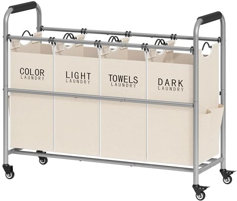 Tajsoon 4 Bag Laundry Sorter Cart, 4 Section Laundry Hamper Sorter with Heavy Duty Lockable Rolling Wheels, Laundry Separator Hamper with Removable Bags for Dirty Clothes Storage, Beige