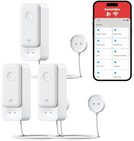 SwitchBot WLAN Wassermelder kein Hub erforderlich(nur 2.4G), Smart Wassersensor 100dB Einstellbarer Alarm & App-Benachrichtigung, IP67 wasserdicht, Wasserleck-Detektor für Zuhause mit 1m Sensorkabel