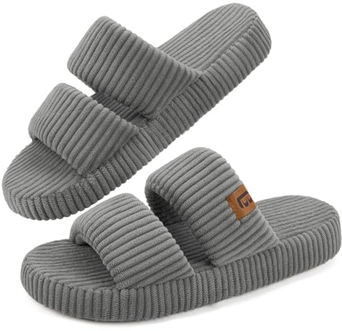 LongBay Slippers for Women Memory Foam Open Toe Slide Indoor House Shoes Slip On Bedroom Comfy Gift Grey, 9-10