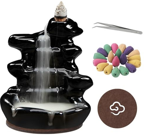 RAFIYU Rückfluss Räuchergefäß, Rauch Wasserfall Backflow, Keramik Räucherstäbchen Halter mit 60 Räucherkegel, Zange und Tischmatte, für Meditation, Home, Zen,Yoga Room und Wohnzimmer Decor