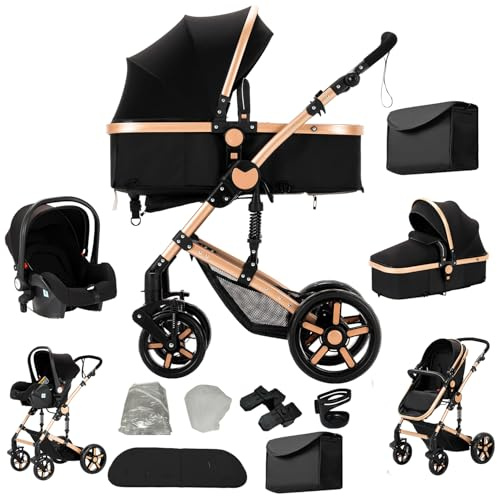 Veitoalioy Carrito Bebe 3 en 1, Portátil Cochecito Plegable, Carrito de Paisaje Alto Se puede empujar hacia adelante y hacia atrás, Cochecito de Bebé Conveniente y Multifuncional (588 Black Gold)