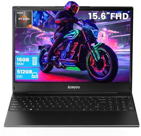 Azeyou 15,6 FHD IPS Laptop für Beruf und Studium, AMD Ryzen 3 3200U Prozessor, 16 GB RAM, 512 GB SSD, 5G WiFi, Bluetooth 5.0, Win 11 Pro, HDMI, USB-C, SD-Kartenleser, Ziffernblock, Webcam, QWERTZ