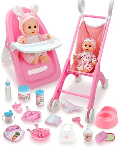 PLAYFULBAY Puppenwagen Set 28-teilig mit Babypuppe, Puppenzubehör, Puppenhochstuhl & Kleidung,Puppenbuggy ab 2 Jahre, Rollenspiel Geschenk für Mädchen