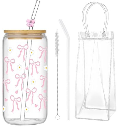 Iced Coffee Cups Set, 16 Oz Glass Cups with Lids and Straws Iced Coffee Glasses Pink Flower Bow Cute Glass Cup with Lid and Straw Aesthetic Iced Latte Glass and Straw for Iced Bubble Tea Water