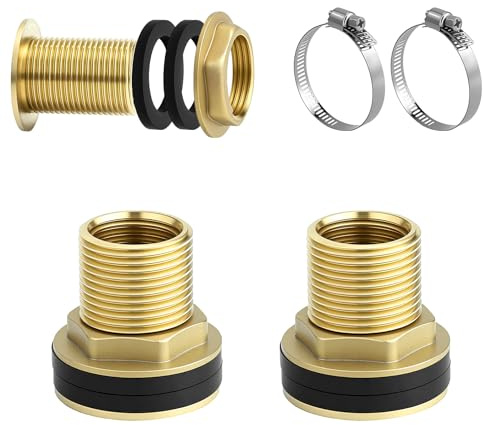 Lot de 2 raccords de citerne d'eau de pluie avec colliers de serrage, filetage IG 1/2 x AG 3/4 en laiton, raccord de tonneau, raccord de réservoir pour robinets, tonneaux d'eau