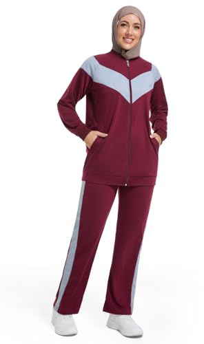 nadamuSun Sportset für muslimische Frauen - Langarm Shirt & Weite Hose 2-teilig - Bequem & Atmungsaktiv - Sport Outfit(XXL,Red)