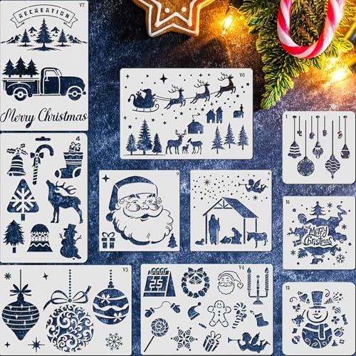 10 Piezas Plantillas Navidad, 3 Tamaños Grande Pequeñas Stencil Plantillas Navideñas Ventanas Pintar Dibujos Feliz, Plantilla Pintura Manualidades Árbol de Navidad Papá Noel Muñeco de nieve