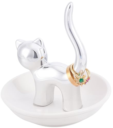 Beebeecraft Porta Anelli A Forma di Gatto Vassoio Portagioie in Ceramica Piccolo Piatto Rotondo Bianco per Orecchini Bracciali e Collane Contenitore Decorativo per La Casa.