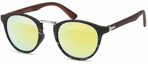 styleBREAKER Gafas de sol para mujer con diseño de madera, lentes redondos, puente de metal y montura de plástico de borde completo 09020083, Montura negro-plata/vidrio amarillo reflejado