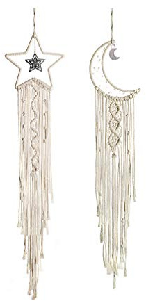 Shiwaki 2pcs Macrame Wall Hanging Star Moon Dream Catcher Tapestry Bohemian Home Decor Handmade Woven Decoration for Room Home Wedding Ornament Craft Gift(Beige)