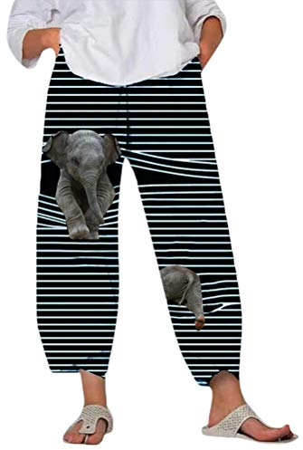 Minetom Damen 7/8 Jogginghose Haremshose Baggy Mit Taschen Pumphose Sommerhose Leichte Yoga Freizeithose Tierdruck Strand Hose A Weiß Elefant XL