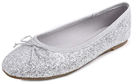 Feversole kvinnors makaroon färgglada patent minnesskum kudde balett platt, Glitter is silver, 37.5 EU