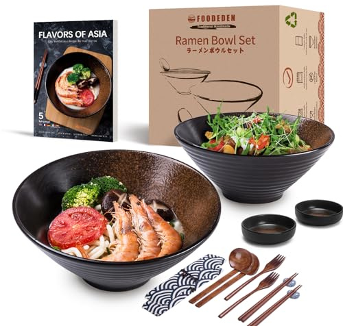 Ramen Bowl Set, 2×1500ml Ceramic Noodle Bowl with Sauce Dishes, Chopsticks, Spoons, for Soup, Pho, Pasta, Cereal, Fruit & Salad, Japanese Housewarming Gift for Men Women, Microwave & Dishwasher Safe