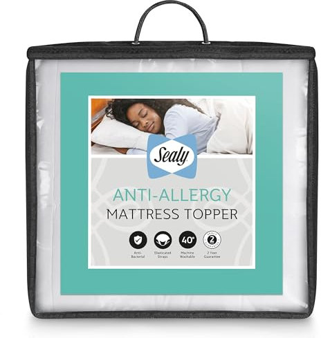 Sealy Anti Allergy Mattress Topper - Extra Soft Thick Mattress Pad Topper - Filled with Bouncy Fibadown Fibres - Soft Touch Cover and Corner Straps - Machine Washable and Anti-Bacterial, Single