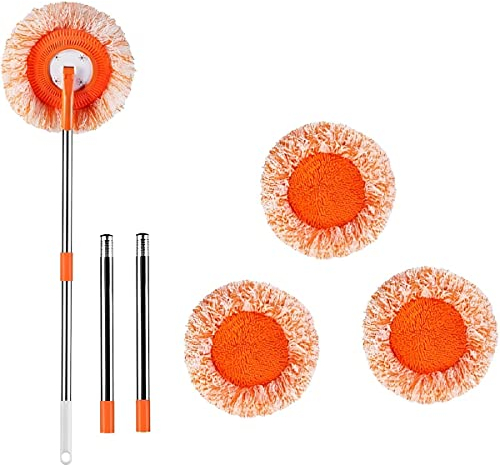 Round Wall Cleaning Mop Adjustable Extendable 6.2ft Long Handle 180° Rotatable Ceiling Cleaning Wiper Microfiber Dry and Wet Wall Dust Cleaner with 4 Mop Head for Home Floor Glass Window (Round)