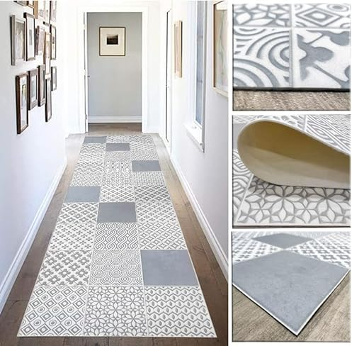 Tadi & Imperio1979 Alfombra Vinílica hidráulica de Baldosas para salón y Colores Gris Plata sobre Fondo Marfil para Cocina, para Pasillo, Baño o Dormitorios - Moqueta Vinilo, ALH04PLATA