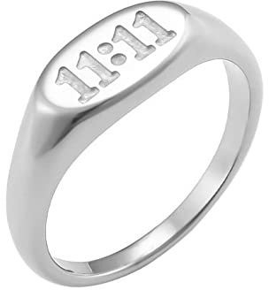 PAMTIER Ovaler Edelstahl Siegelring mit 11:11 Engelszahl Gravur Minimalistisches Statement Band Silber Größe 57