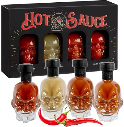 Hot Sauce Gift Set for Mens Gifts - Chilli Skull Spicy Sauce Heat Pack of 6 Different Flavour Sauce Bottle Gift. Great Christmas Gifts for Men, Stocking Fillers, Birthday Gifts for Women