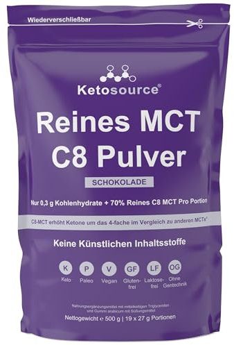 MCT Polvo C8 Puro | Aumenta Las Cetonas 4 Veces Frente A Otros MCT | 0 g De Carbohidratos | Apoya Dieta Keto | 70% Aceite MCT C8 Puro | Chocolate | Bolsa 500g | Cetonas Exógenas Keto | Ketosource®
