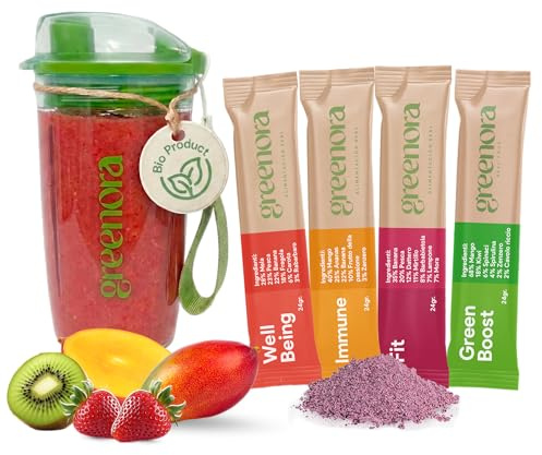 GREENORA Shaker + Smoothie Bowl Frutta Disidratata Liofilizzata Polvere 100% Naturale. Fragole Lamponi Barbabietola Rossa Mango Mele. 4x24g
