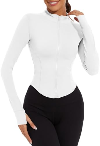 Joligiao Giacca Sportiva da Donna Felpa con Zip Maglietta Sportiva da Donna Fitness T-Shirt a Maniche Lunghe Camicia Sportiva Crop Top Giacca Sportiva con Foro per il Poll(Bianco,M)