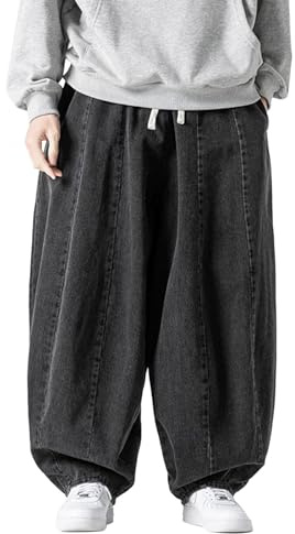 Duohropke Pantaloni harem da uomo, larghi, in denim, comodi, con palloncini, casual, da skater, taglie forti, elasticizzati, in vita, Hip Hop, distruggono jeans larghi, Nero , 5XL