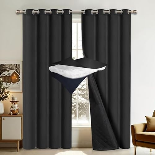 HEMVOR Thermal Blackout Curtains, 52 W x 63 L, Heavy Insulated Curtains for Winter, Soundproof Drapes with Eyelet Top for Bedroom & Living Room (2 Panels, Black)