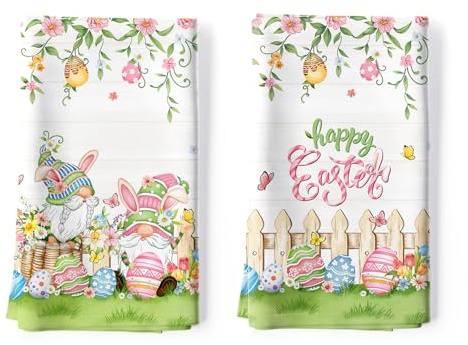 Arquiel Set 2 Strofinacci Cucina, Pasqua Coniglietto Uovo Gnome 100% Cotone Canovacci Senza Pelucchi Asciugamani Durevole Riutilizzabili Decorazione Regali di Vacanza 48 cm x 70 cm