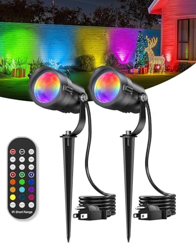 HIBOITEC 12W Christmas Spotlight Outdoor with Plug Timer Color Changing 120V Landscape Lighting Waterproof Dimmable LED Spot Light for Yard Christmas Outside House Garden Tree Decoration 2Pack