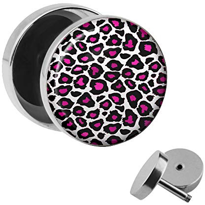 Treuheld | LEO Ohrstecker zum Schrauben - LEOPARD - Fell weiß-pink - Motiv Fake-Plug Ø 10mm Silber - Edel-Stahl Ohr-Ringe - Chirurgen-Stahl 316L Fake-Tunnel - Gewinde Ohr-Stecker - Schnee-Leopard