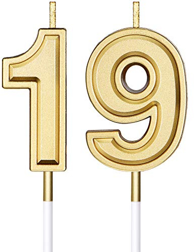 Candele di Compleanno di 19 Candele di Numero per Torta Candele di Torta di Buon Compleanno Decorazione di Topper per Bomboniera di Compleanno Nozze Anniversario Matrimonio, Oro